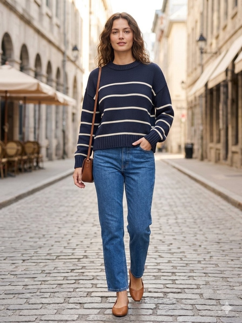 Quince Navy and White Striped Crewneck Sweater